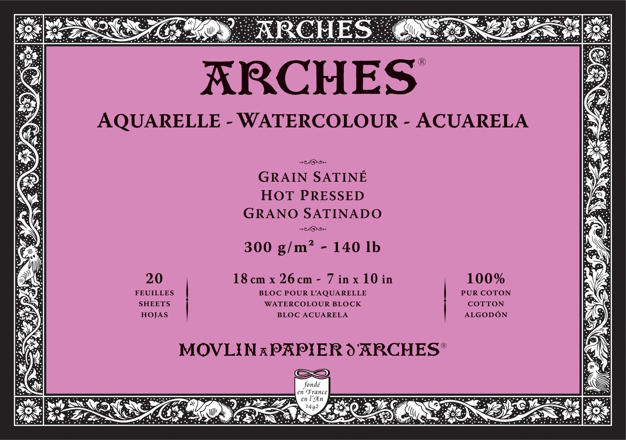 Arches Aquarelle Hot Pressed Watercolor Block 7"X10"- 140lb, 20 Sheets